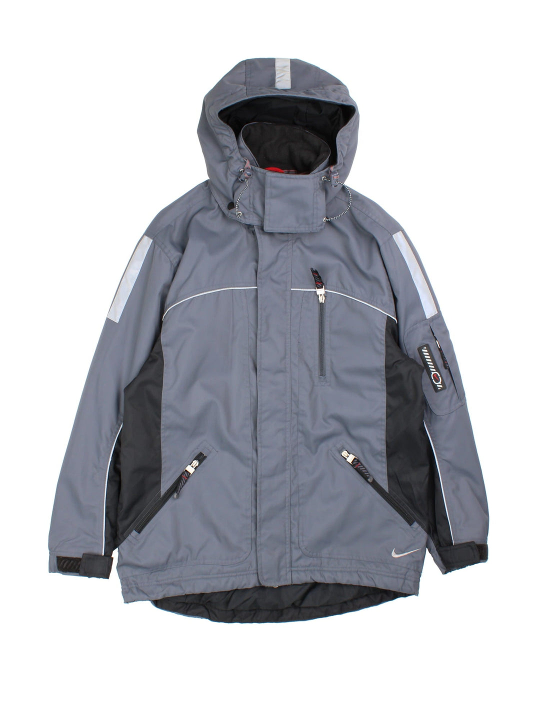 Vintage Nike Y2K Tech Coat in a grey colourway. Zips up and has multiple pockets, insulated with a fleece lining, detachable hood, and has the swoosh logo embroidered on the front and back.