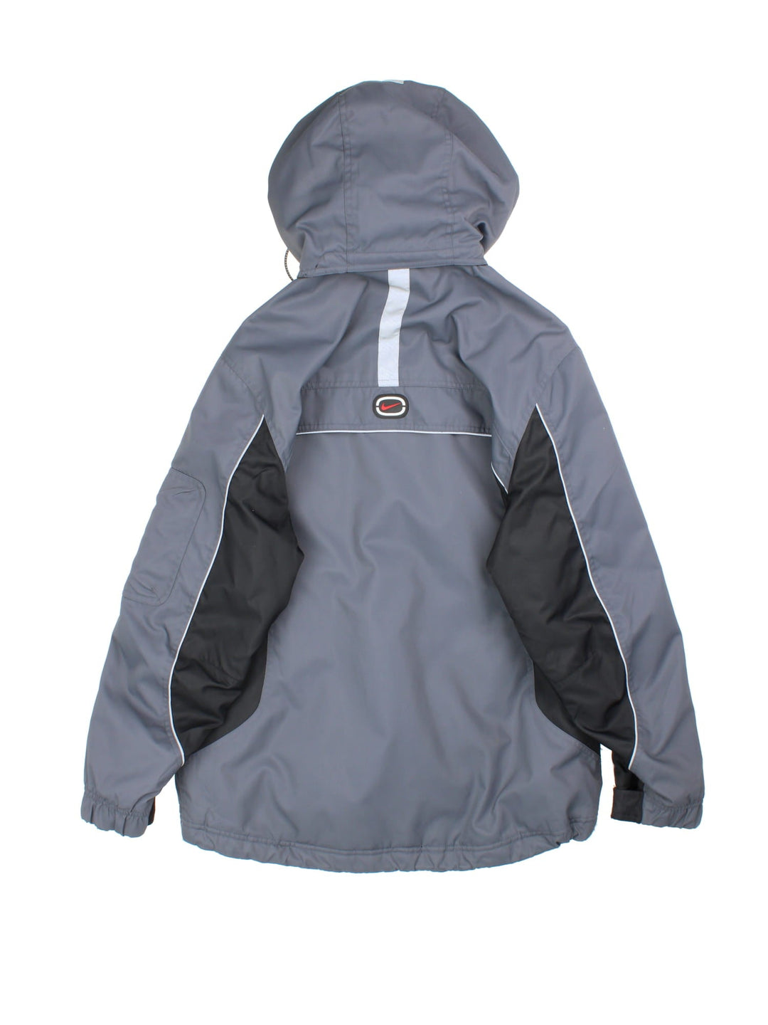 Vintage Nike Y2K Tech Coat in a grey colourway. Zips up and has multiple pockets, insulated with a fleece lining, detachable hood, and has the swoosh logo embroidered on the front and back.