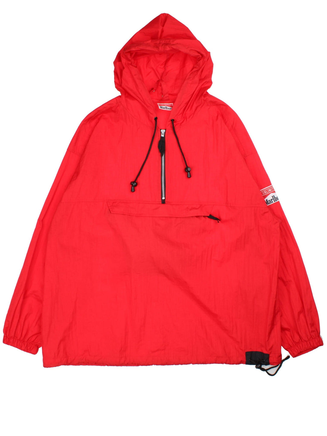 Vintage 90's Marlboro Classics Pullover Windbreaker in a red colourway. Half zip up and has a big pouch pockets, strap feature in the pocket which turns the jacket into a bag, and has the logo badge embroidered on the left sleeve.