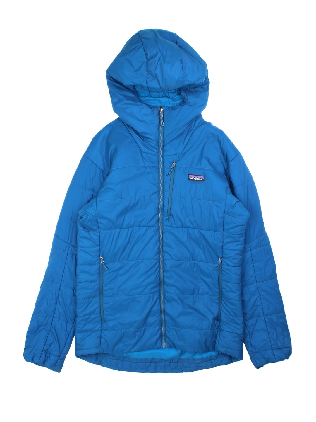 Patagonia Puffer Coat in a blue colourway. Zips up and has multiple pockets, insulated lining, hooded, and has the logos embroidered on the front.