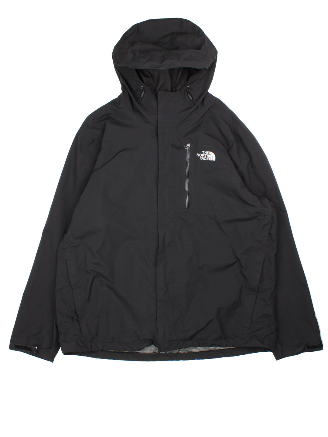 The North Face Dryvent Jacket in a black colourway. Zips up and has multiple pockets, mesh lining, hooded, and has the logo embroidered on the front and back.