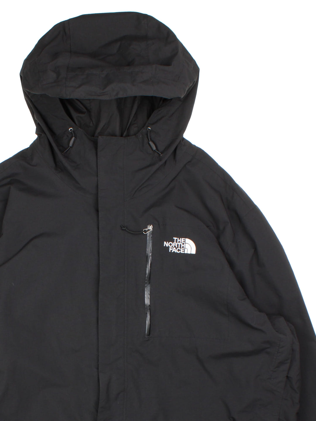 The North Face Dryvent Jacket in a black colourway. Zips up and has multiple pockets, mesh lining, hooded, and has the logo embroidered on the front and back.