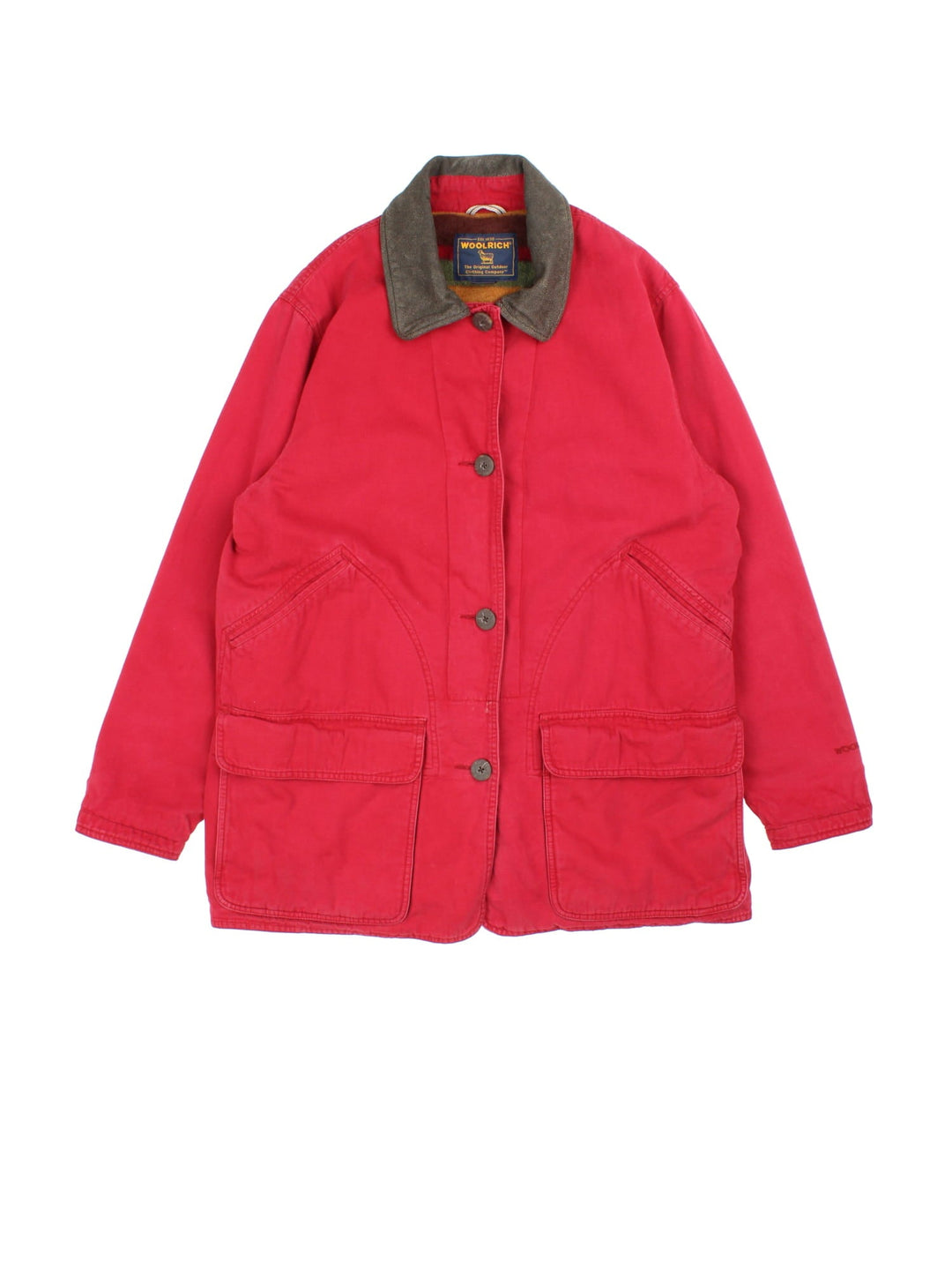 Vintage Woolrich Chore Jacket in a red colourway. Buttons up and has multiple pockets, insulated with a fleece lining, and has the spell out logo embroidered on the left sleeve cuff.