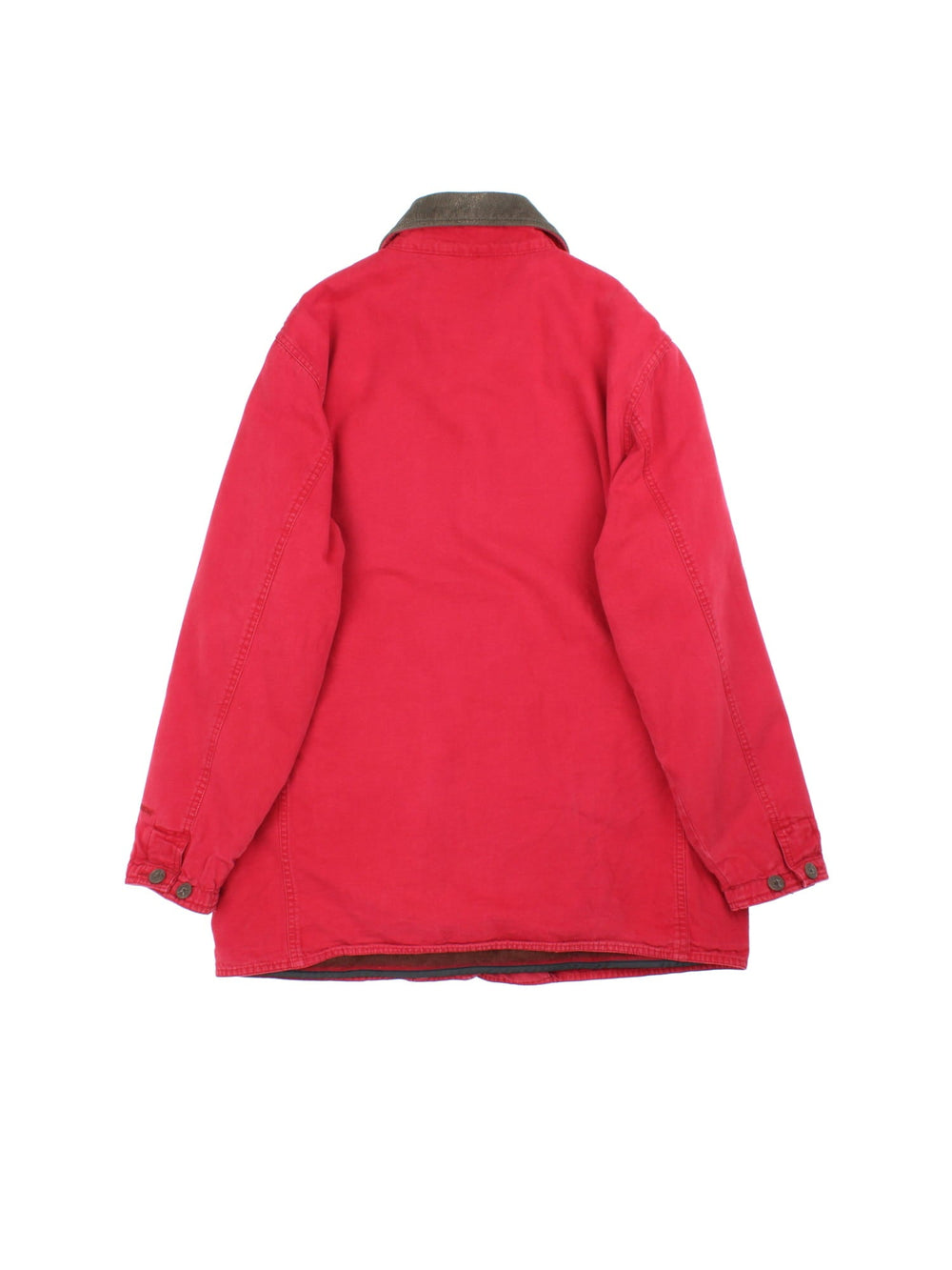 Vintage Woolrich Chore Jacket in a red colourway. Buttons up and has multiple pockets, insulated with a fleece lining, and has the spell out logo embroidered on the left sleeve cuff.