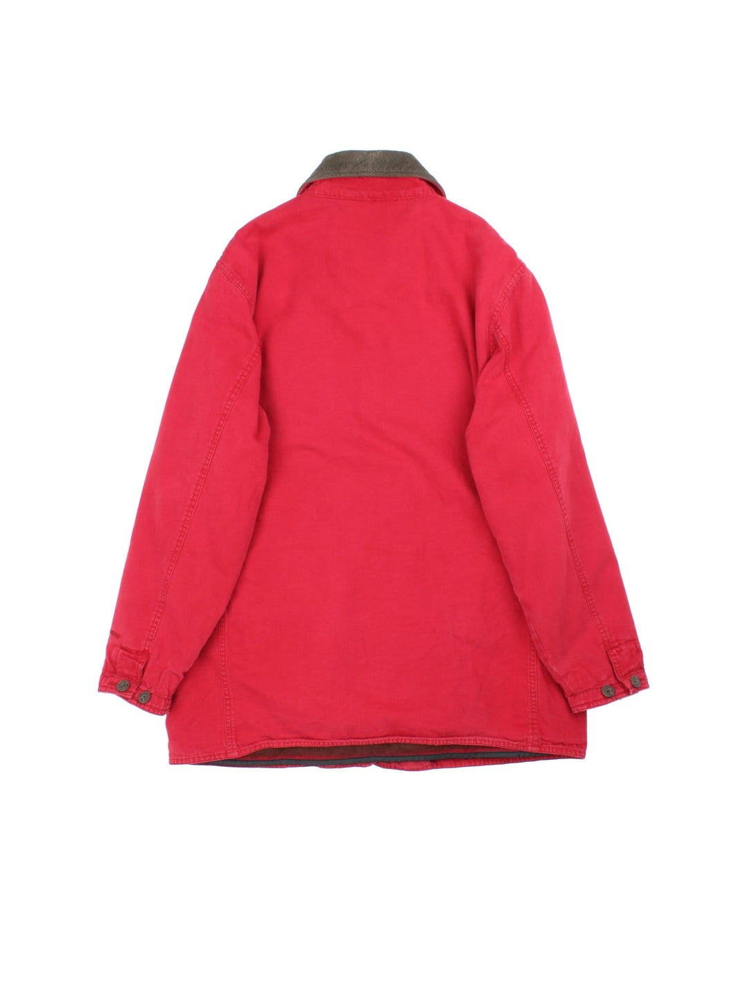 Vintage Woolrich Chore Jacket in a red colourway. Buttons up and has multiple pockets, insulated with a fleece lining, and has the spell out logo embroidered on the left sleeve cuff.