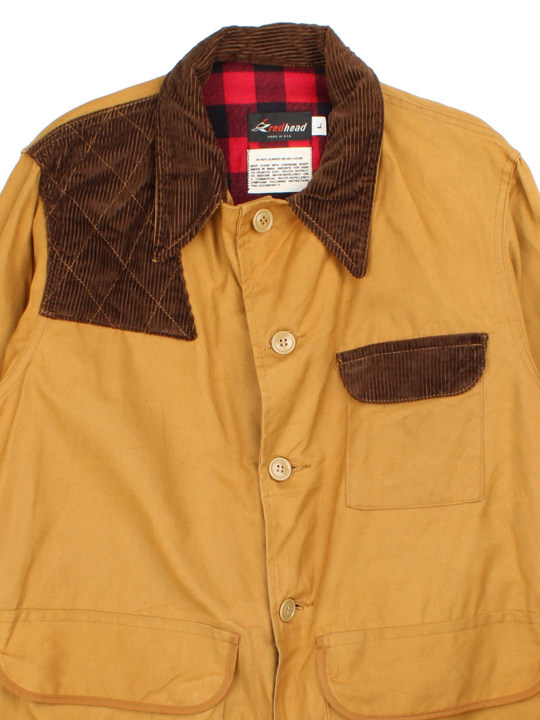 Vintage 80's Redhead Hunting Jacket in a tan brown colourway. Buttons up, has multiple pockets, and has corduroy panel and collar features.