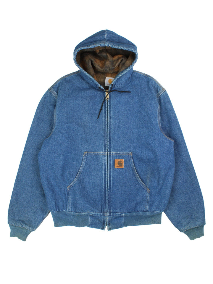 Carhartt Denim Active Jacket in a blue colourway. Full zip with drawstring hood, pocket and small logo on the front