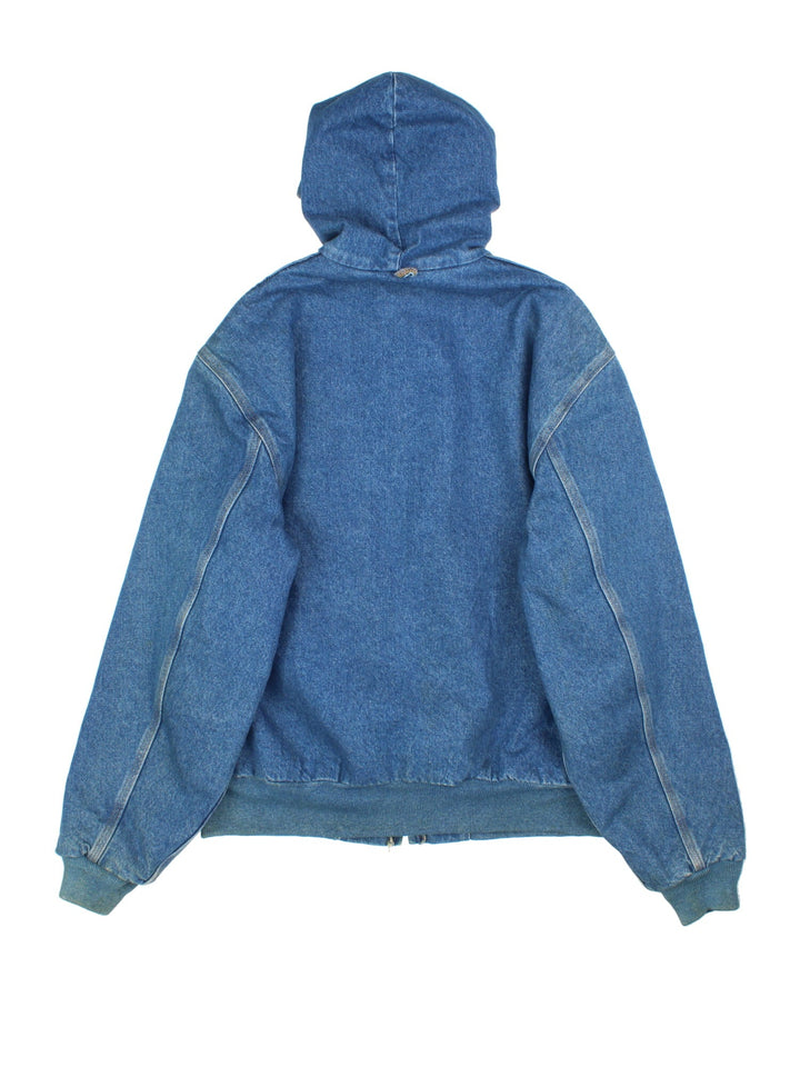 Carhartt Denim Active Jacket in a blue colourway. Full zip with drawstring hood, pocket and small logo on the front