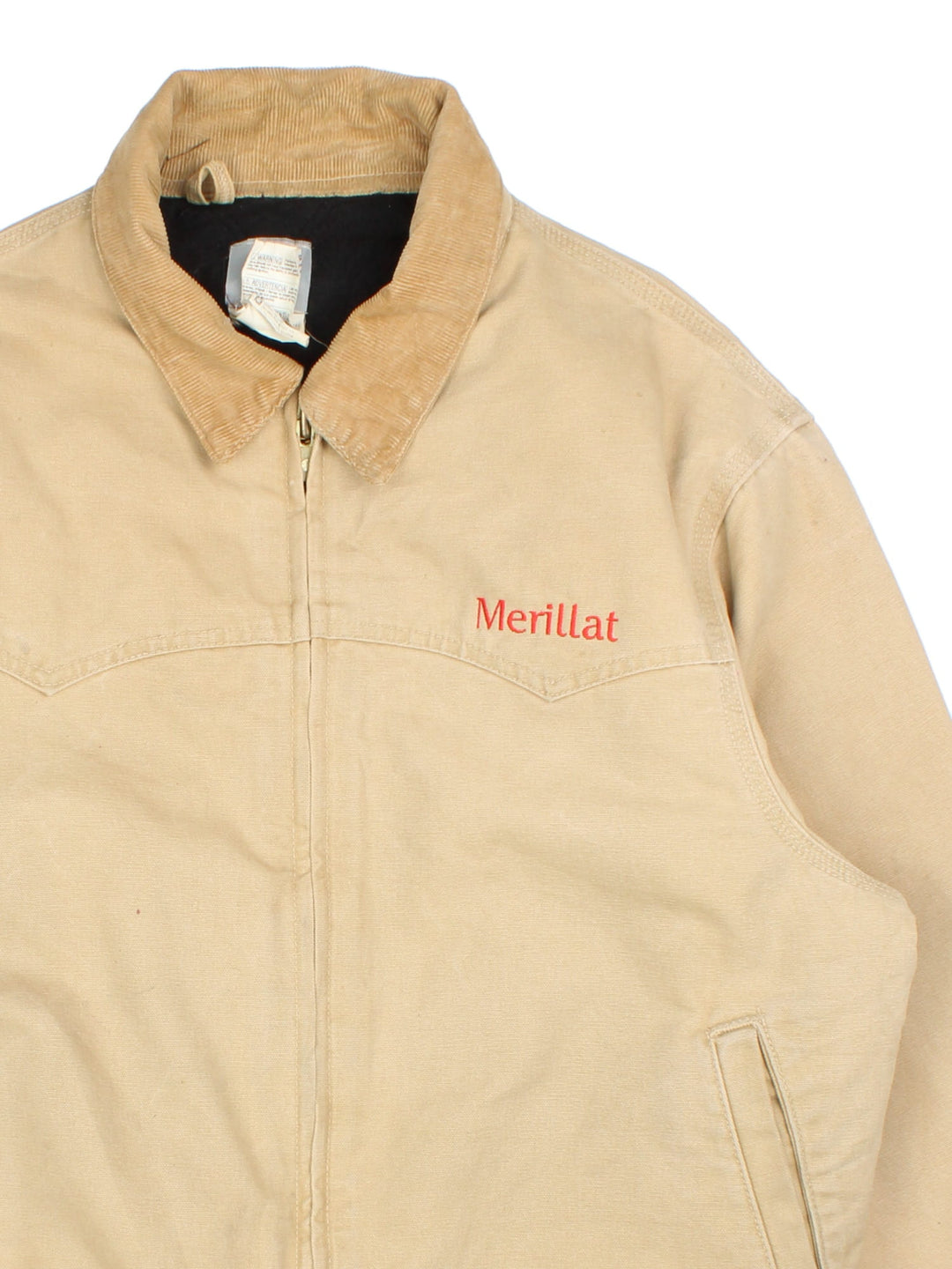 Carhartt Santa Fe Workwear Jacket in a tan colourway. Full zip with suede collar, double pocket on the front and red logo stitching.