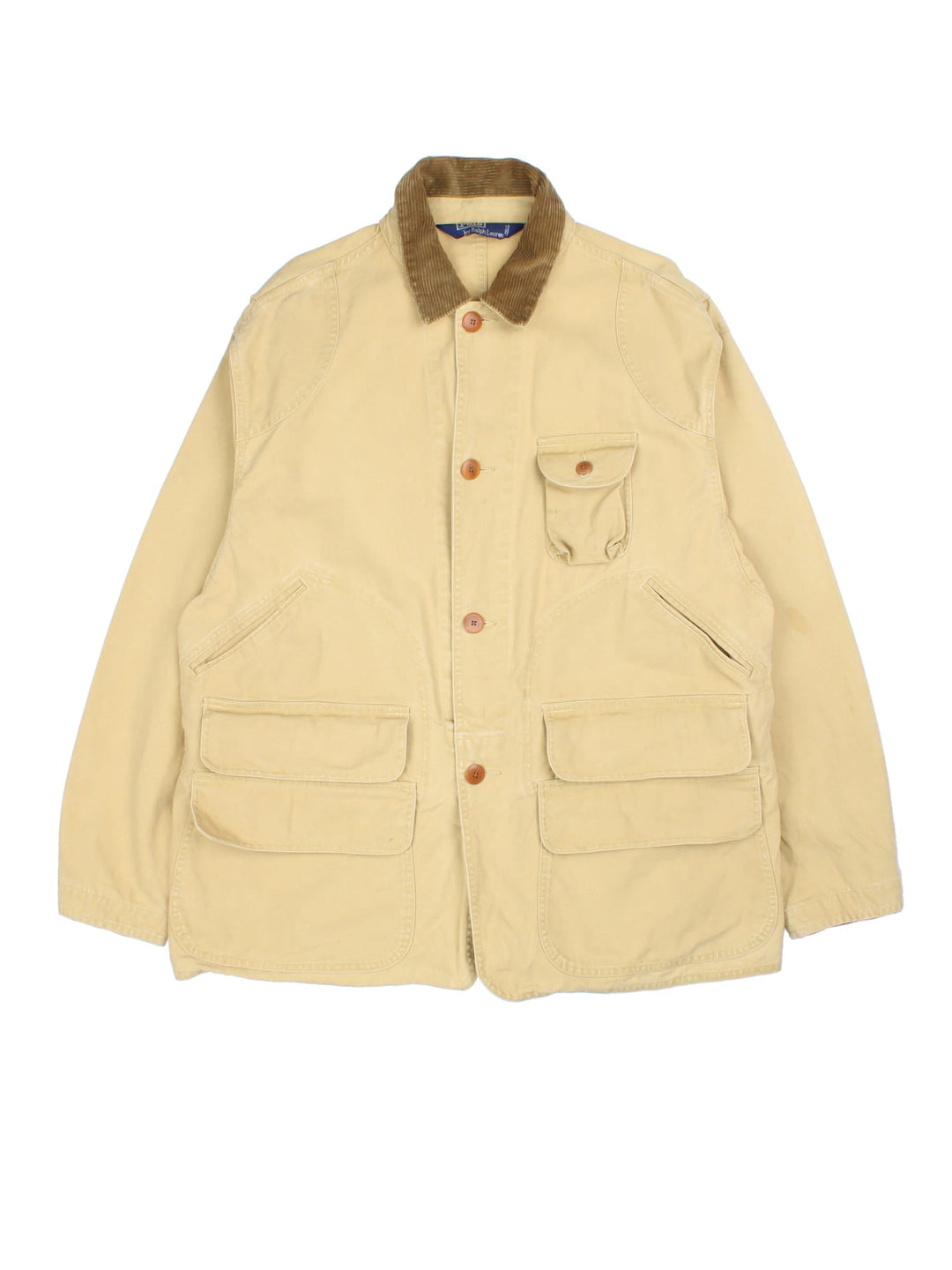 Ralph Lauren Hunting Jacket in a tan colourway. Button up with multiple pockets all over and suede collar.