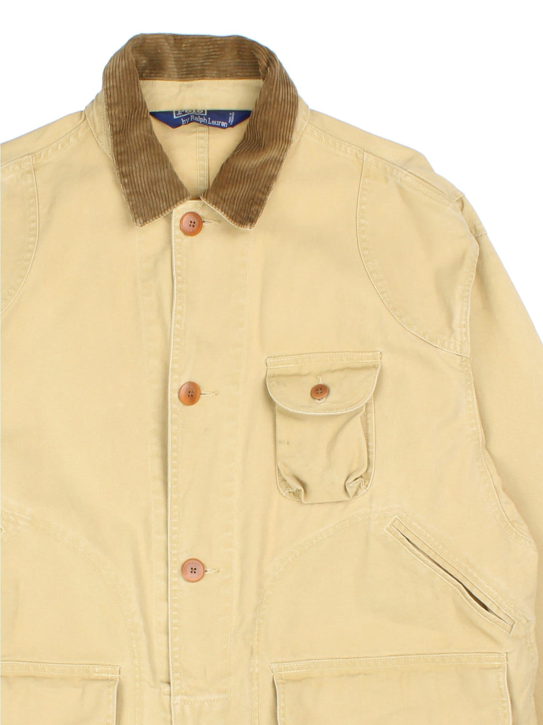 Ralph Lauren Hunting Jacket in a tan colourway. Button up with multiple pockets all over and suede collar.