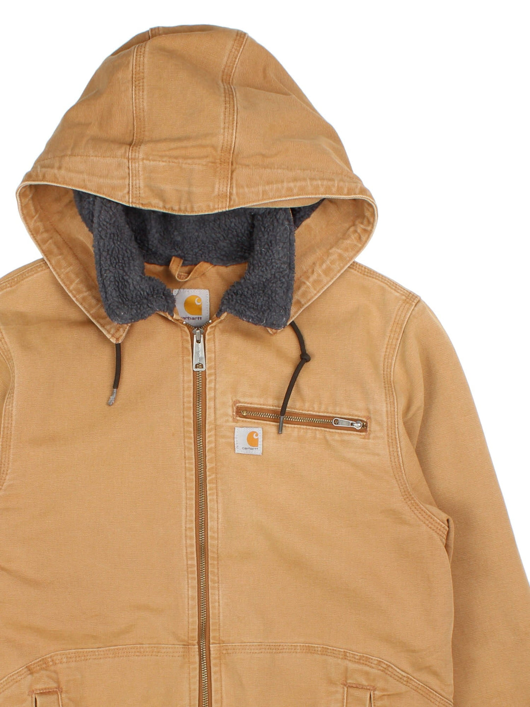 Carhartt Hooded Jacket in a brown colourway. Full zip with sherpa lining and multiple pockets on the front. Detachable hood, cuffed hem and sleeves, and has small classic logo on the front.