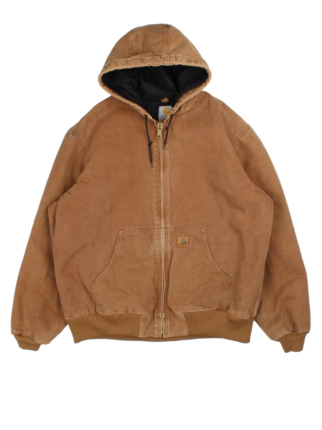 Carhartt Active Jacket  in a brown colourway. Full zip and double pocket with cuffed sleeves and hem. Drawstring hood and small classic logo on the front.