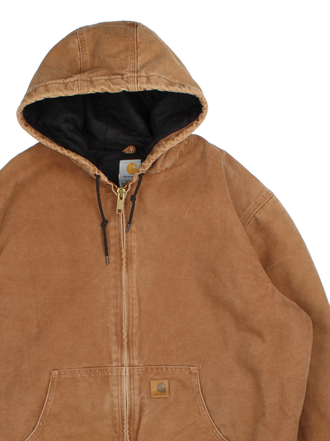 Carhartt Active Jacket  in a brown colourway. Full zip and double pocket with cuffed sleeves and hem. Drawstring hood and small classic logo on the front.