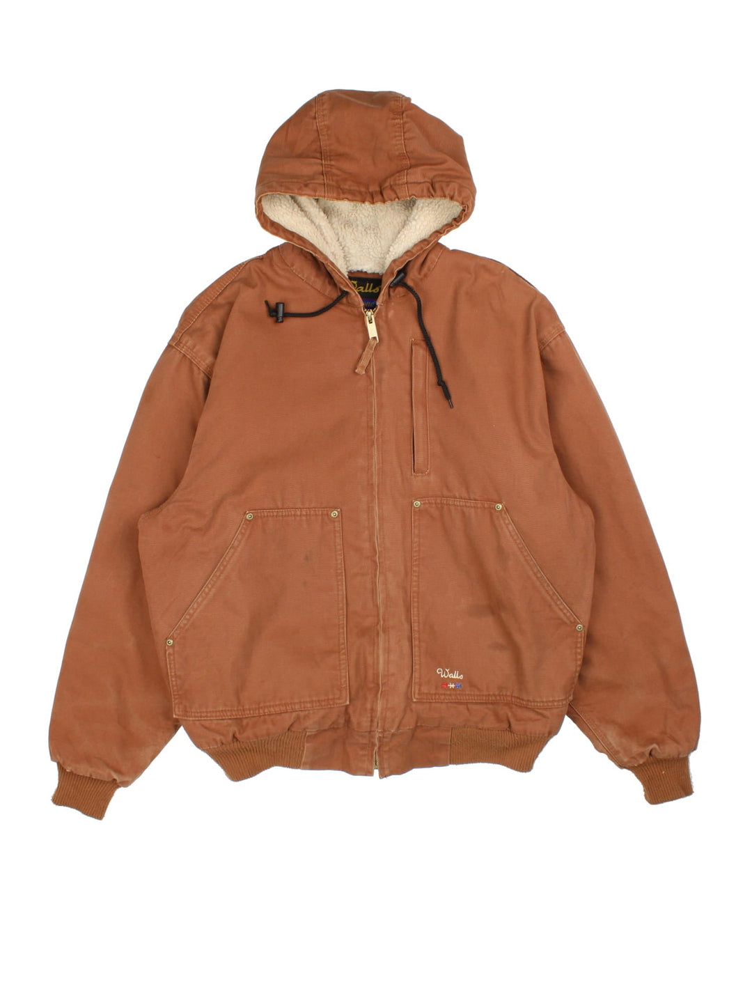 Vintage Walls Workwear Hooded Jacket in a brown colourway. Full zip with fleece lining and double pocket on the front. Cuffed hem and sleeves with a drawstring hood.