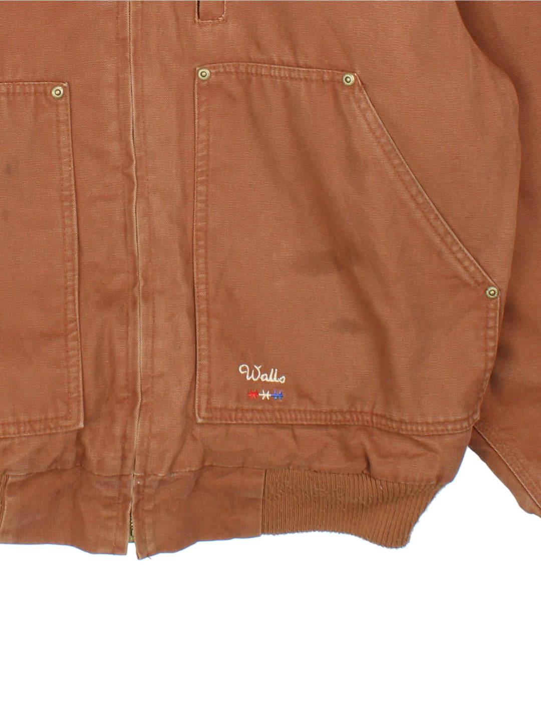 Vintage Walls Workwear Hooded Jacket in a brown colourway. Full zip with fleece lining and double pocket on the front. Cuffed hem and sleeves with a drawstring hood.