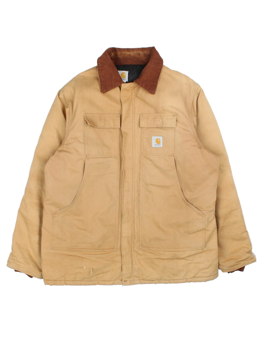 Carhartt Arctic Jacket in a tan colourway. Full zip with multiple large front pockets, suede collar and small classic logo on the front.