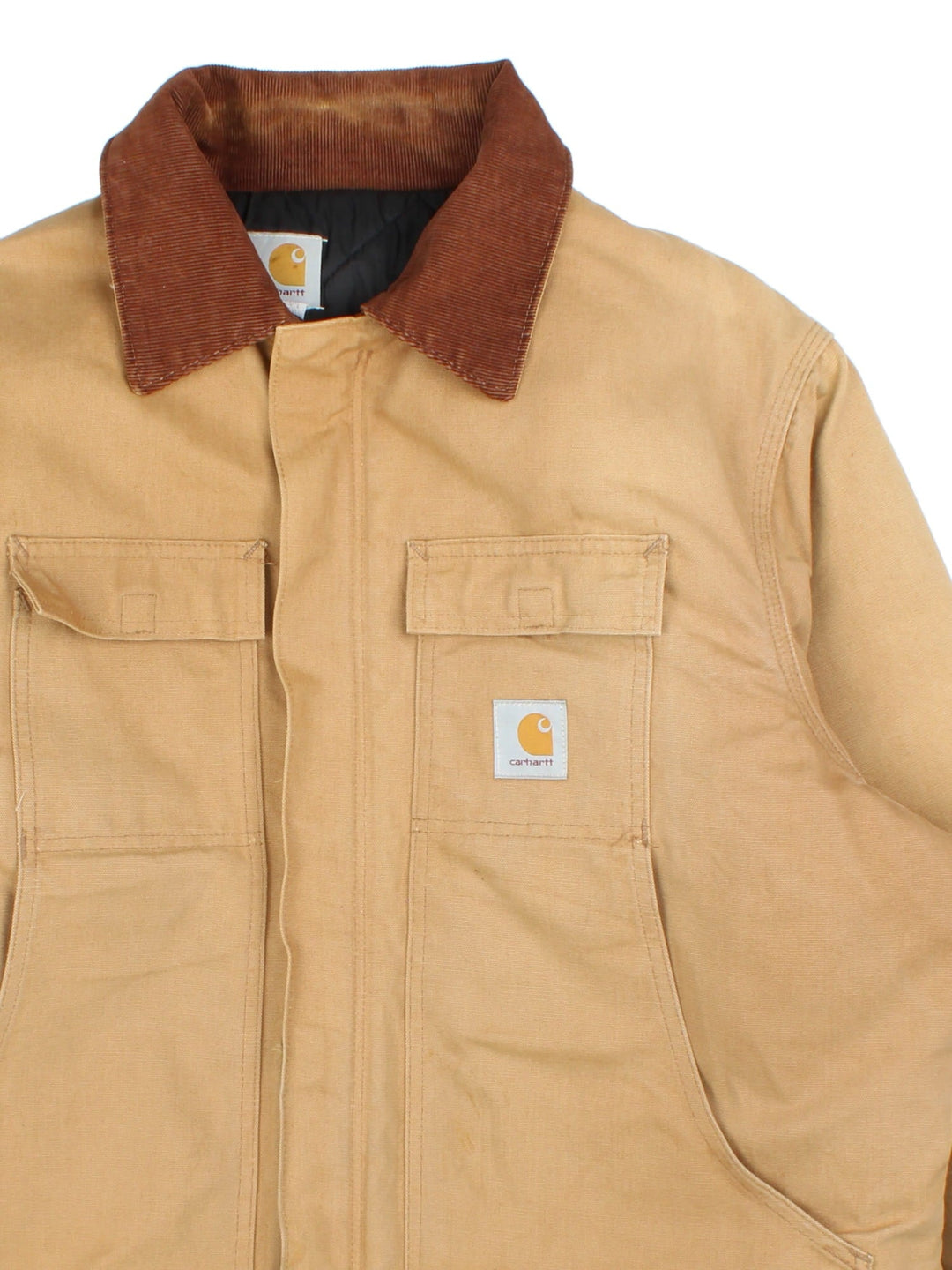 Carhartt Arctic Jacket in a tan colourway. Full zip with multiple large front pockets, suede collar and small classic logo on the front.