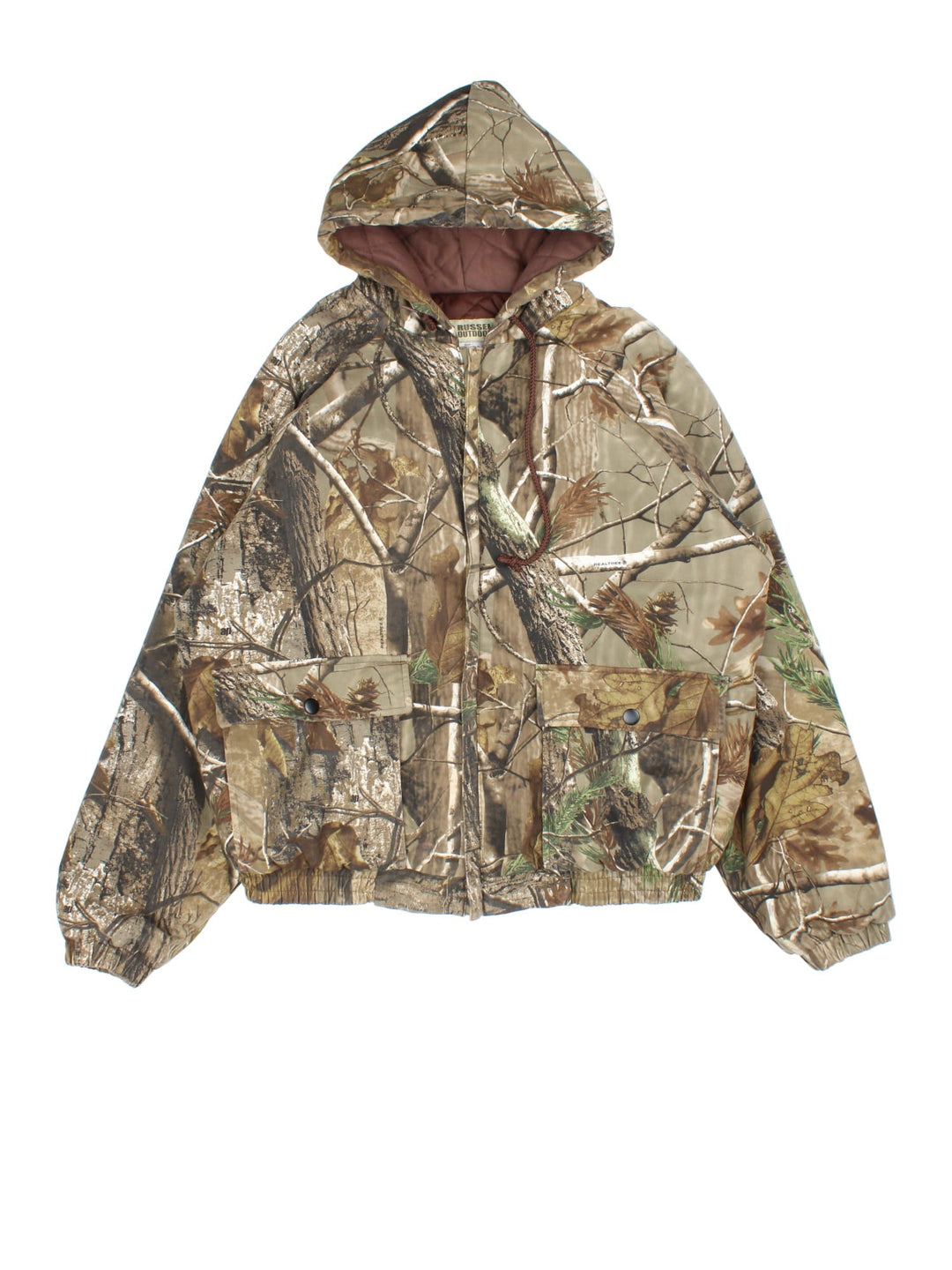 Russell Athletic Outdoors Realtree Camo Jacket in a green colourway. All over camo print with full zip and double pockets on the front with drawstring hood.