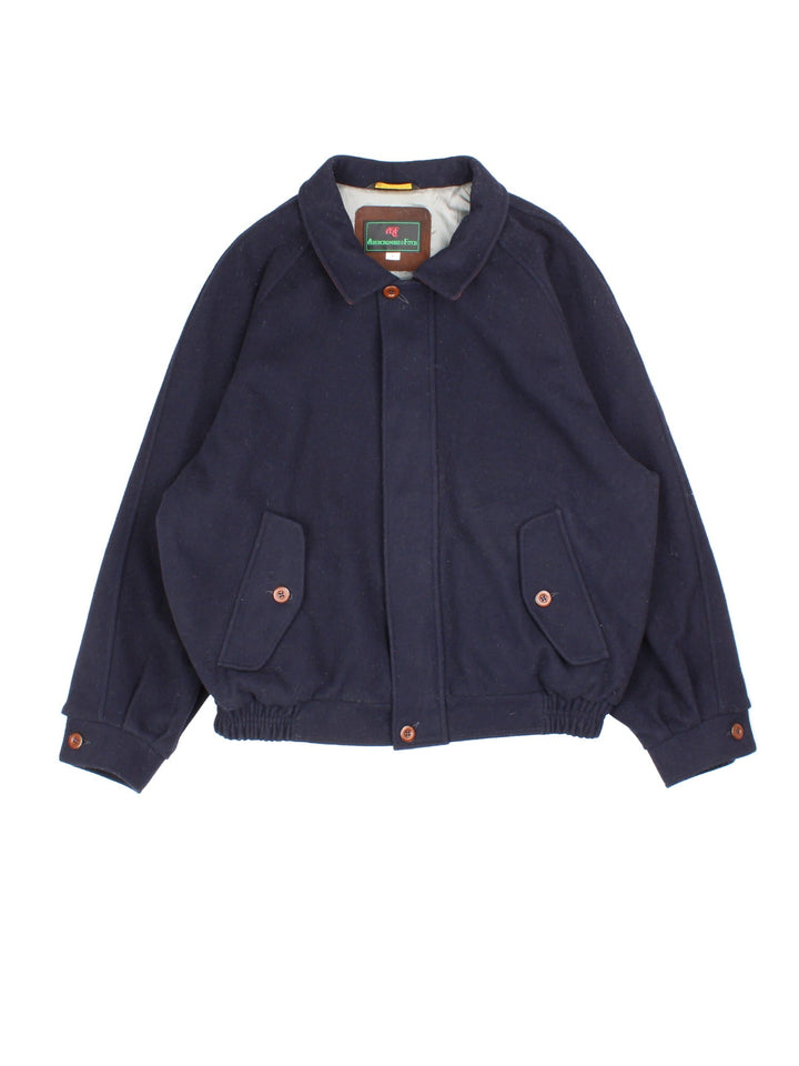 Vintage Abercrombie & Fitch Harrington Jacket in a blue colourway.Full zip with two front button pockets and brown leather detailing on the reverse of collar.