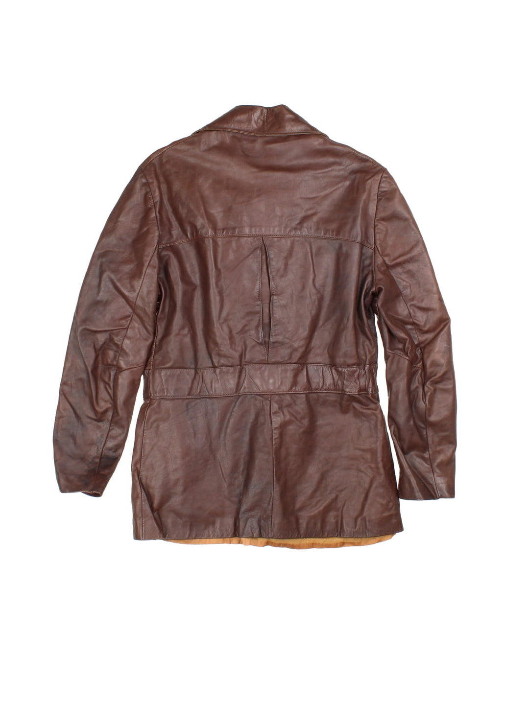 Vintage Santa Fe Leather Trench Coat in a brown colourway. Button up with wood sytle detailing and multiple pockets on the front.