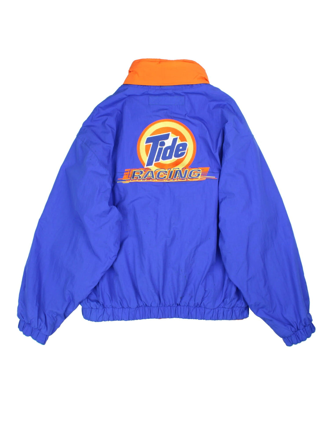 Vintage Tide Racing Downy Nascar Reversible Jacket in a blue and orange colourway with either jacket or fleece reversible options. Zips up and has multiple pockets, insulated lining, hidden hood and has the logo embroidered on the front and back.