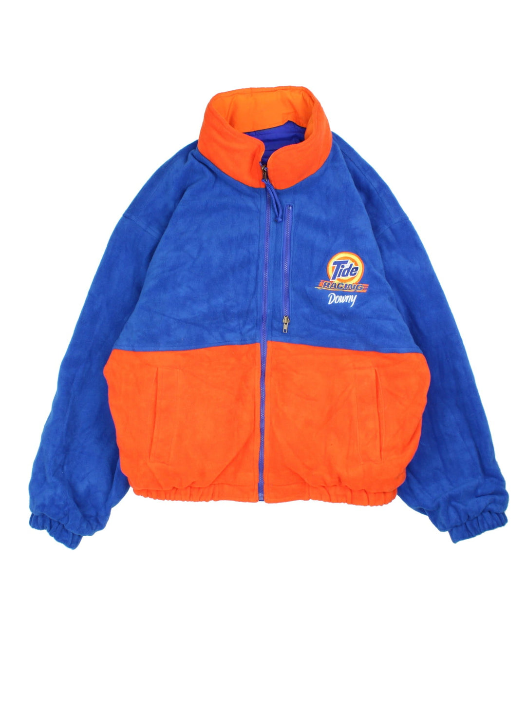 Vintage Tide Racing Downy Nascar Reversible Jacket in a blue and orange colourway with either jacket or fleece reversible options. Zips up and has multiple pockets, insulated lining, hidden hood and has the logo embroidered on the front and back.