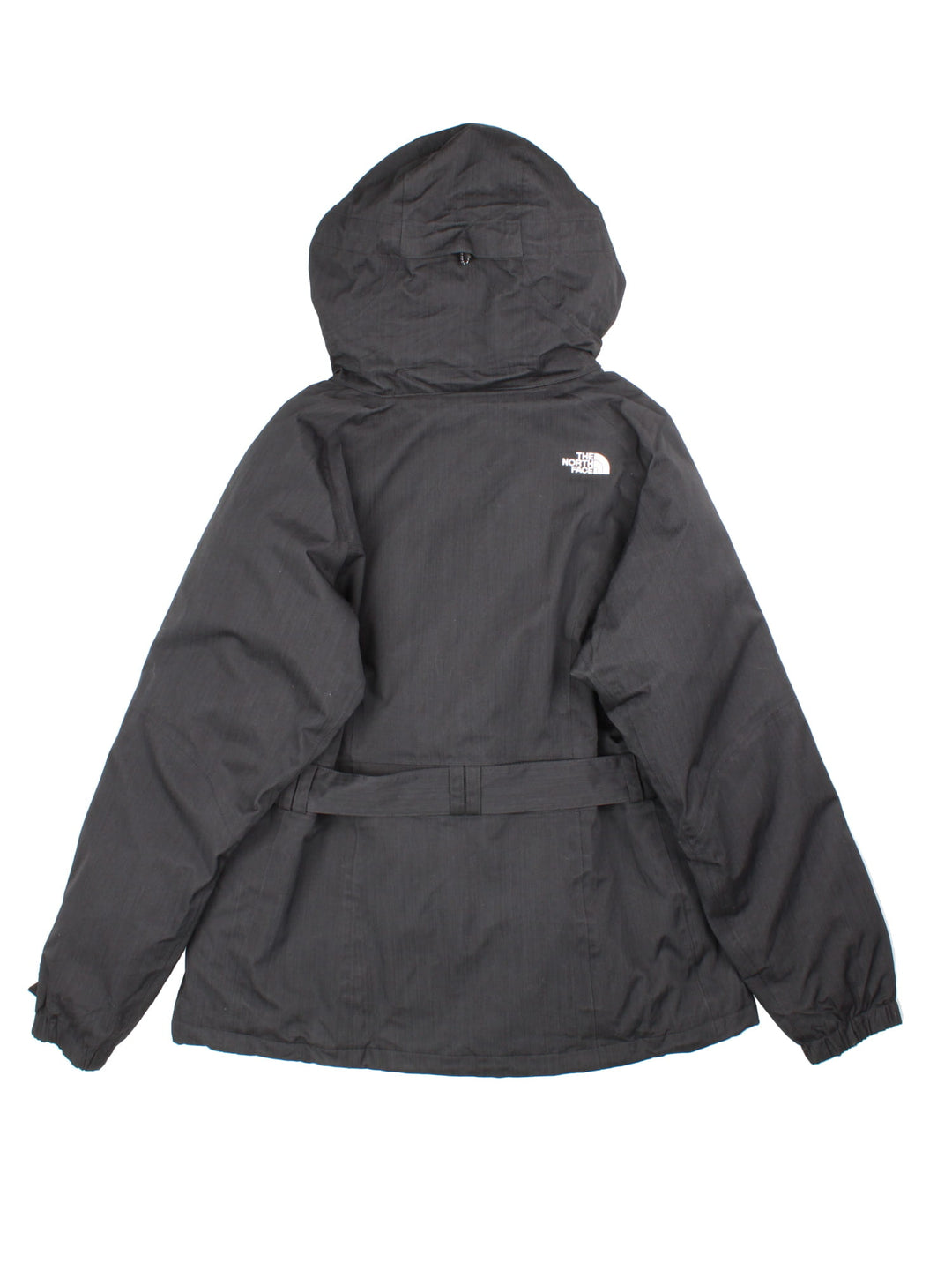 The North Face 550 Hyvent Parka Coat in a black colourway. Zips up and has multiple pockets, hooded, insulated lining, belt feature, and has the logo embroidered on the front and back.