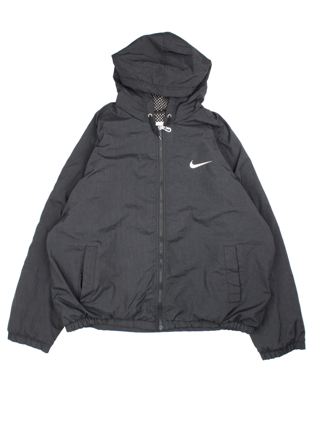 Vintage 90's Nike Quilted Jacket in a black colourway. Zips up and has side pockets, hooded, insulated lining, and has the swoosh logo embroidered on the front and back.