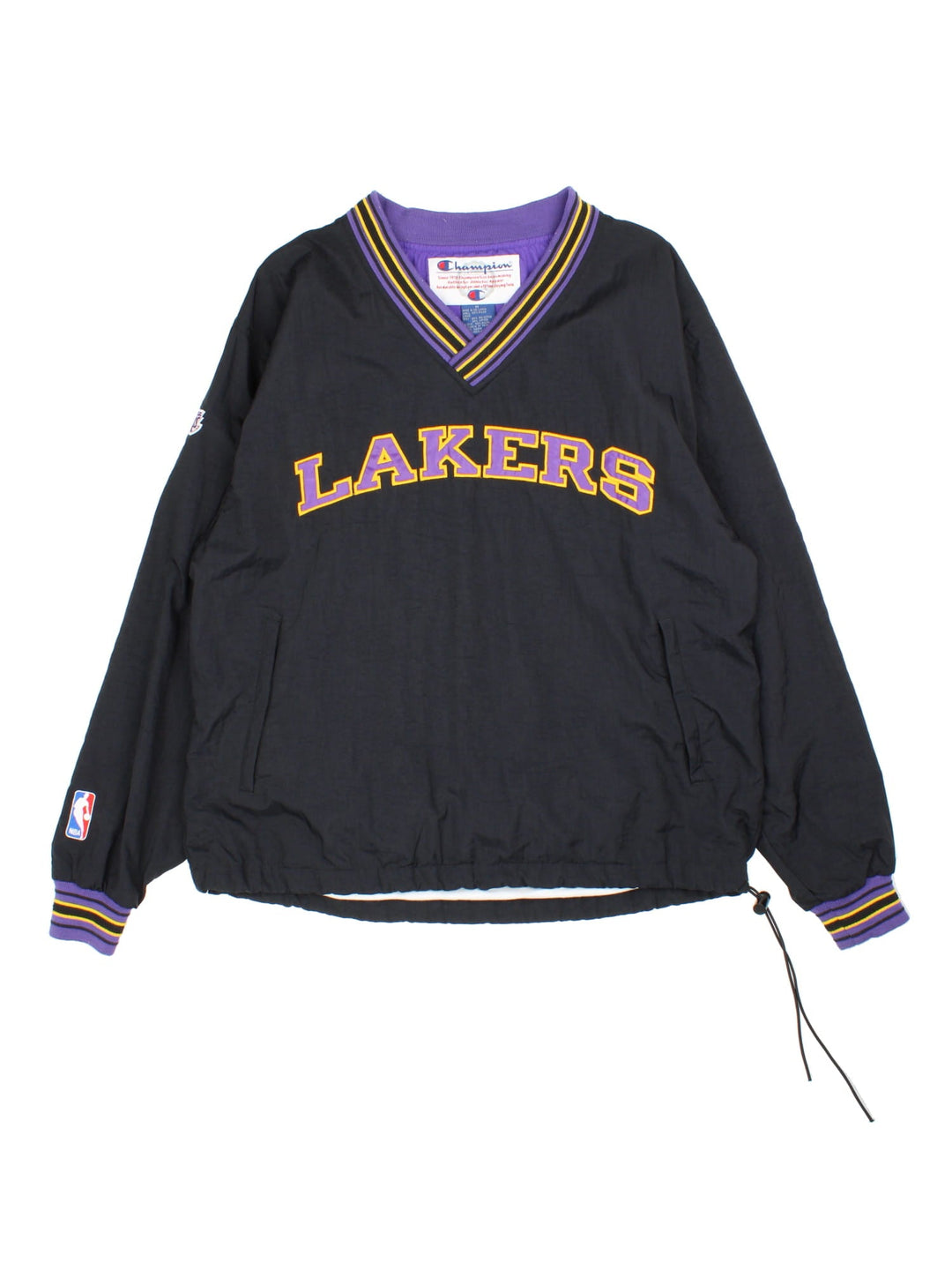 Vintage Champion Los Angeles Laker NBA Drill Training Top in a black colourway. Pullover with a v neck collar, has side pockets, and the team spell out logo embroidered on the front.