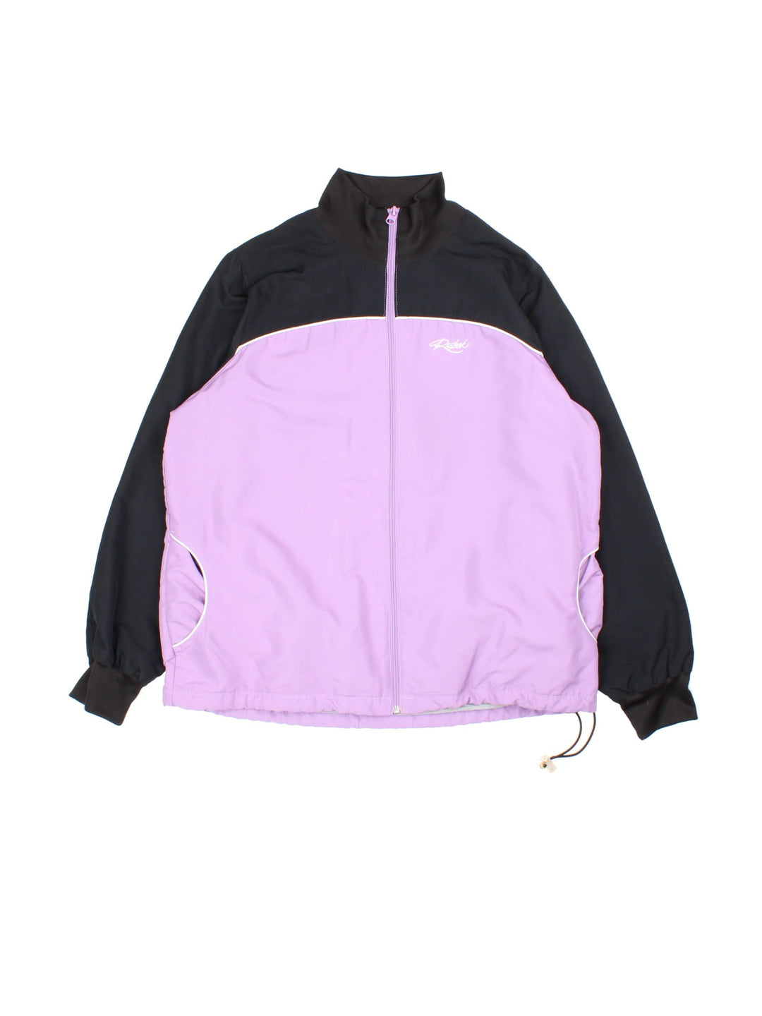 Vintage Reebok Tracksuit Jacket in a purple and black colourway. Zips up and has side pockets, and the logo embroidered on the front.