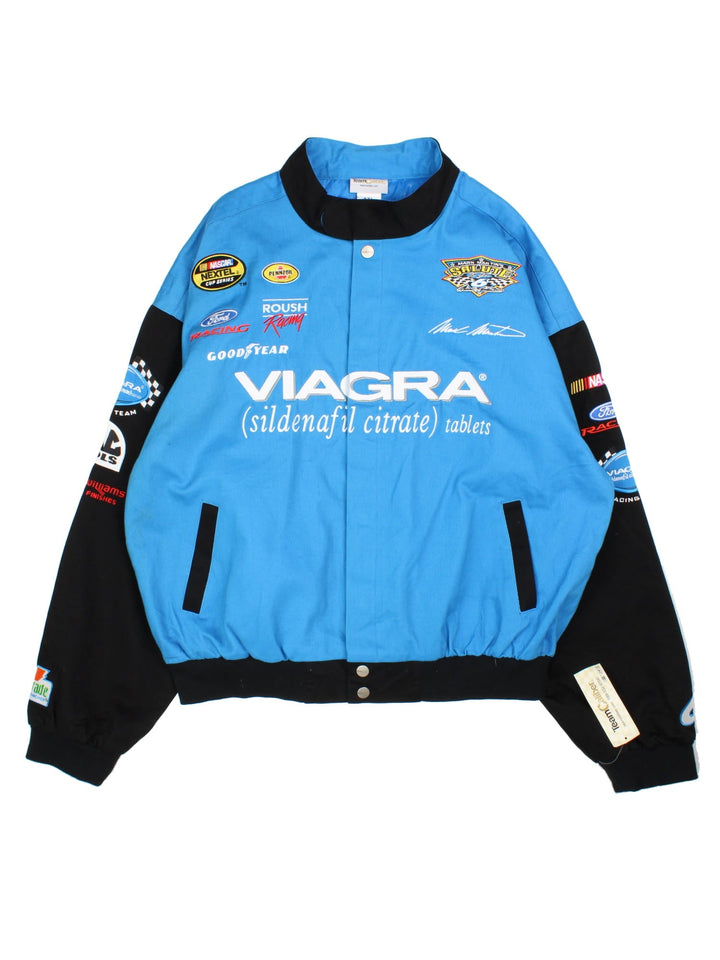 Vintage Mark Martin Viagra Nascar Jacket in a blue and black colourway. Buttons up and has side pockets, and the logos and sponsors embroidered on the front and back.