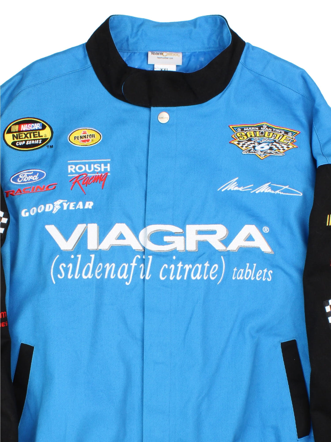 Vintage Mark Martin Viagra Nascar Jacket in a blue and black colourway. Buttons up and has side pockets, and the logos and sponsors embroidered on the front and back.