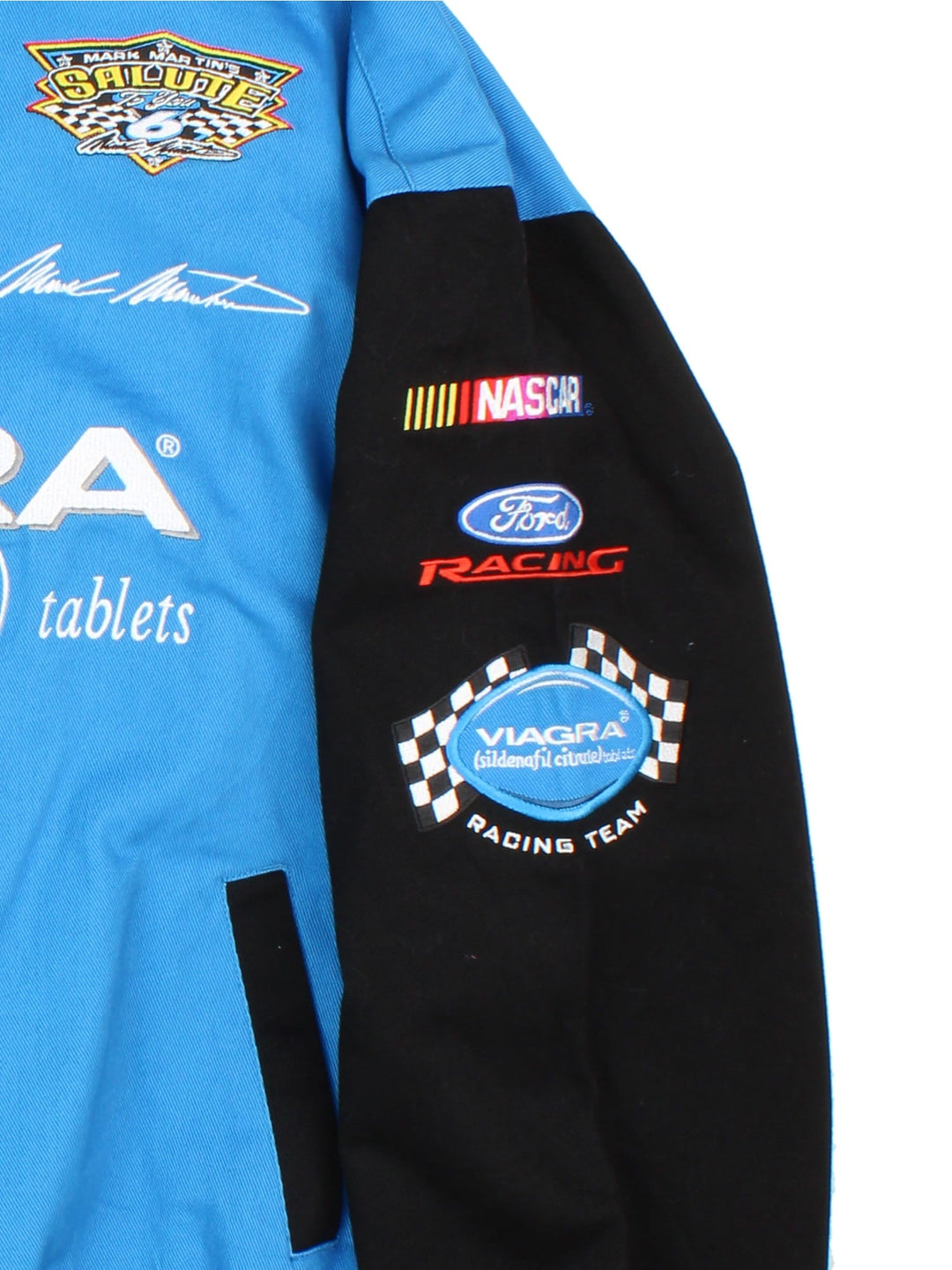 Vintage Mark Martin Viagra Nascar Jacket in a blue and black colourway. Buttons up and has side pockets, and the logos and sponsors embroidered on the front and back.