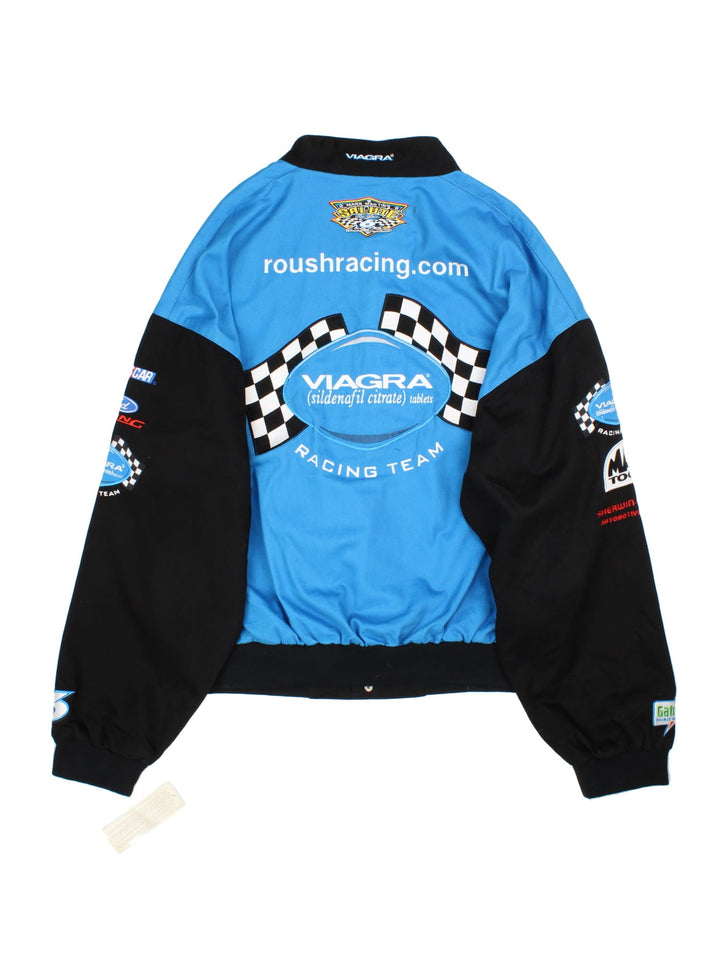 Vintage Mark Martin Viagra Nascar Jacket in a blue and black colourway. Buttons up and has side pockets, and the logos and sponsors embroidered on the front and back.