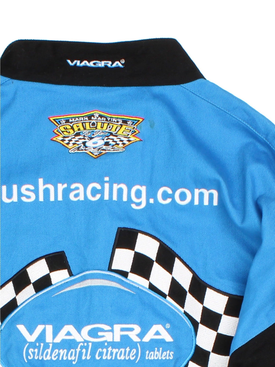 Vintage Mark Martin Viagra Nascar Jacket in a blue and black colourway. Buttons up and has side pockets, and the logos and sponsors embroidered on the front and back.