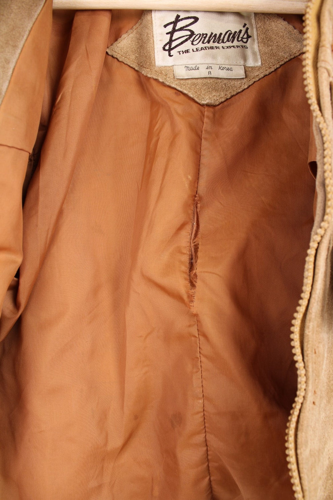 Vintage Berman's The Leather Experts tan zip through suede fringe jacket. 