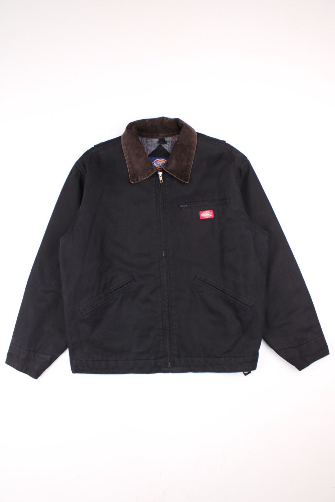 Vintage Dickies Detroit Work Jacket in a black colourway with a brown corduroy collar. Zips up and has multiple pockets, blanket lining, and has the logo embroidered on the front.