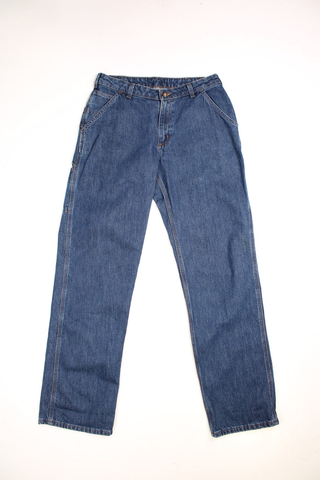 Carhartt Carpenter Jeans in a dark blue colourway, has multiple pockets and the logo embroidered on the back.