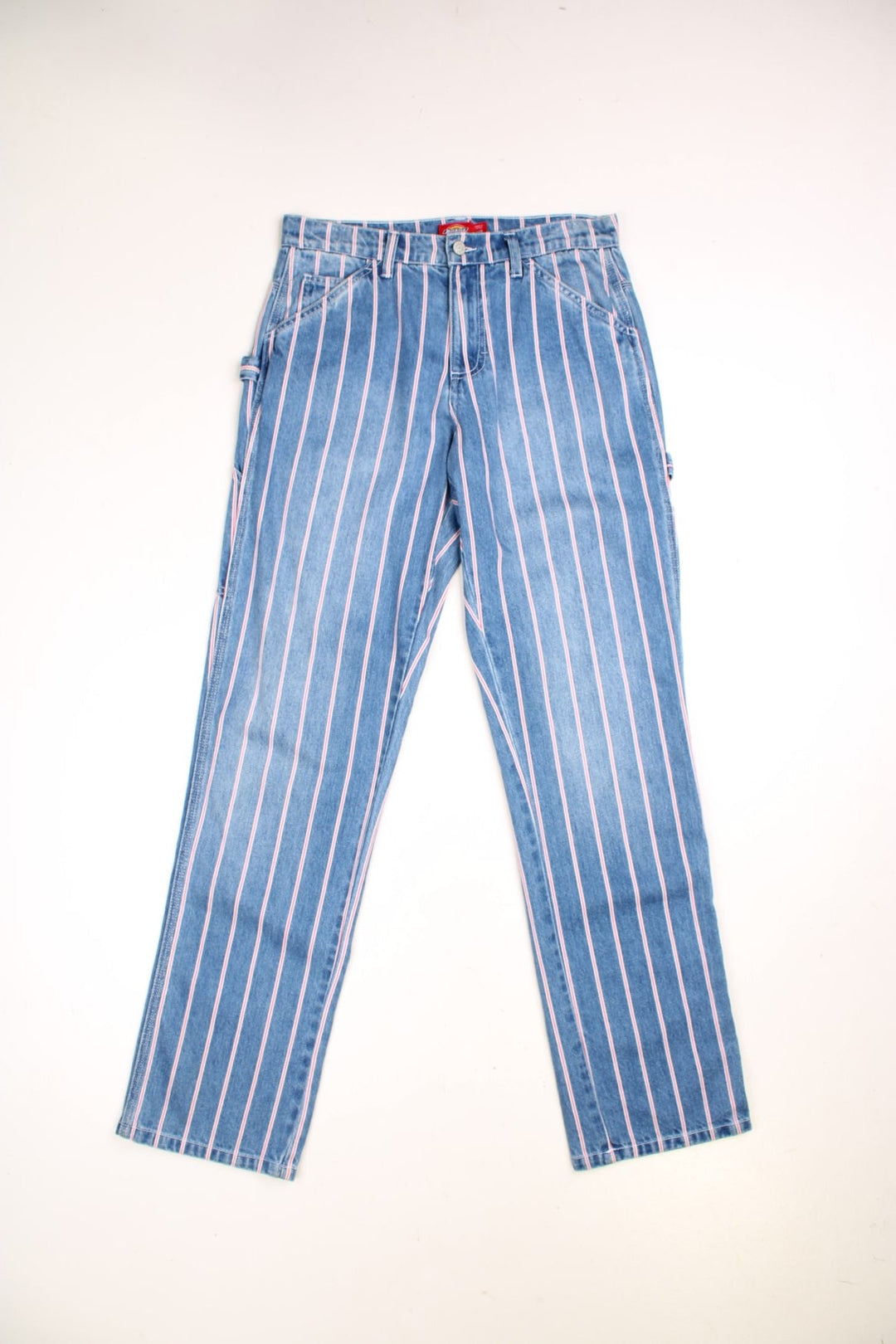 Dickies Carpenter Jeans in a blue and red striped colourway, has multiple pockets, and the logo embroidered on the back.