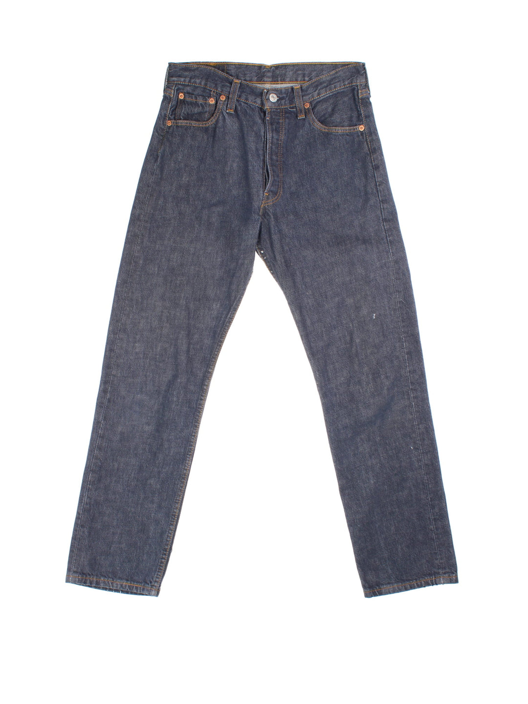 Levi Strauss 501 Jeans in faded blue colourway with multiple pockets and the logo tab embroidered on the back.