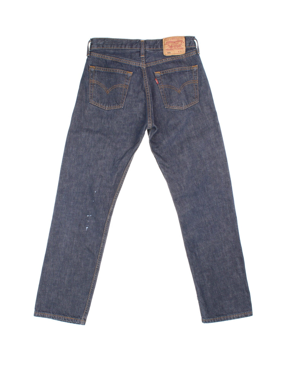 Levi Strauss 501 Jeans in faded blue colourway with multiple pockets and the logo tab embroidered on the back.