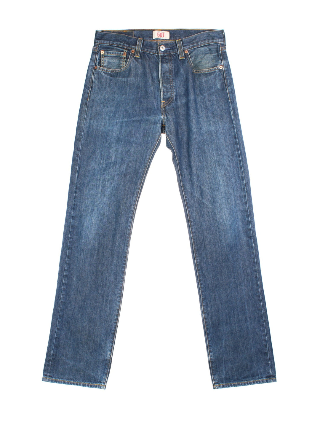 Levi Strauss 501 Jeans in med blue wash colourway with multiple pockets and the logo tab embroidered on the back.