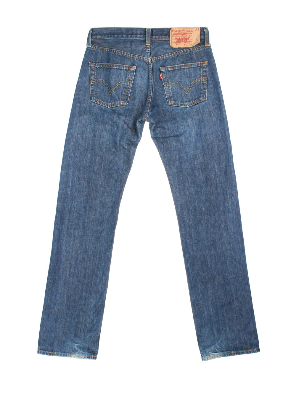 Levi Strauss 501 Jeans in med blue wash colourway with multiple pockets and the logo tab embroidered on the back.