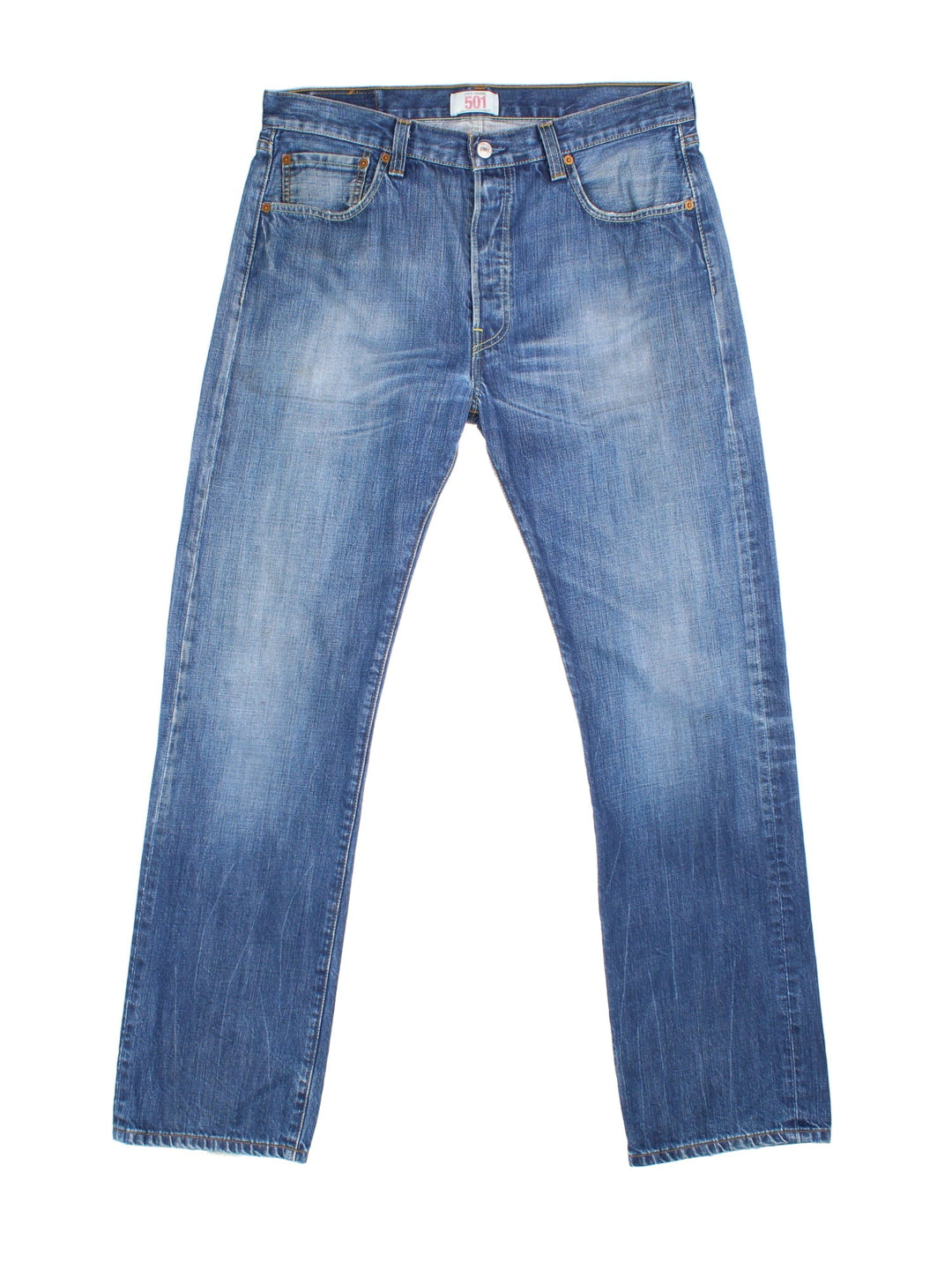 Levi Strauss 501 Jeans in a blue colourway with multiple pockets and the logo tab embroidered on the back.