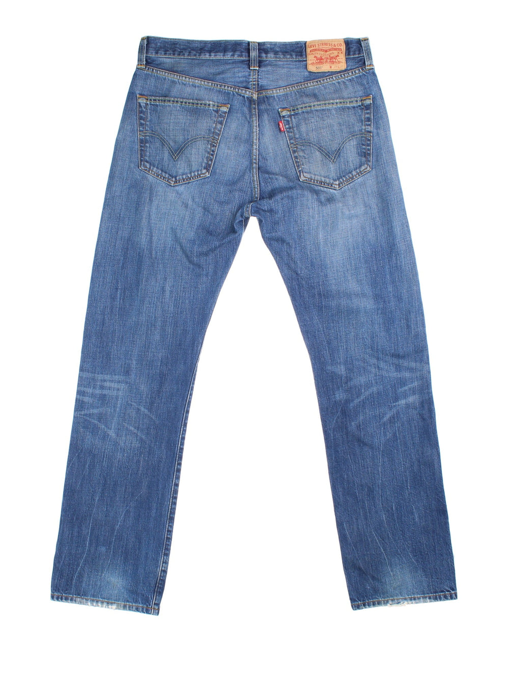 Levi Strauss 501 Jeans in a blue colourway with multiple pockets and the logo tab embroidered on the back.