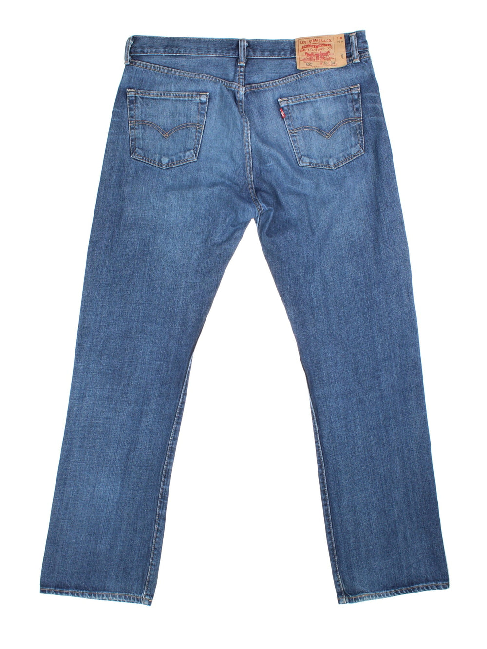 Levi Strauss 501 Jeans in blue colourway with multiple pockets and the logo tab embroidered on the back.