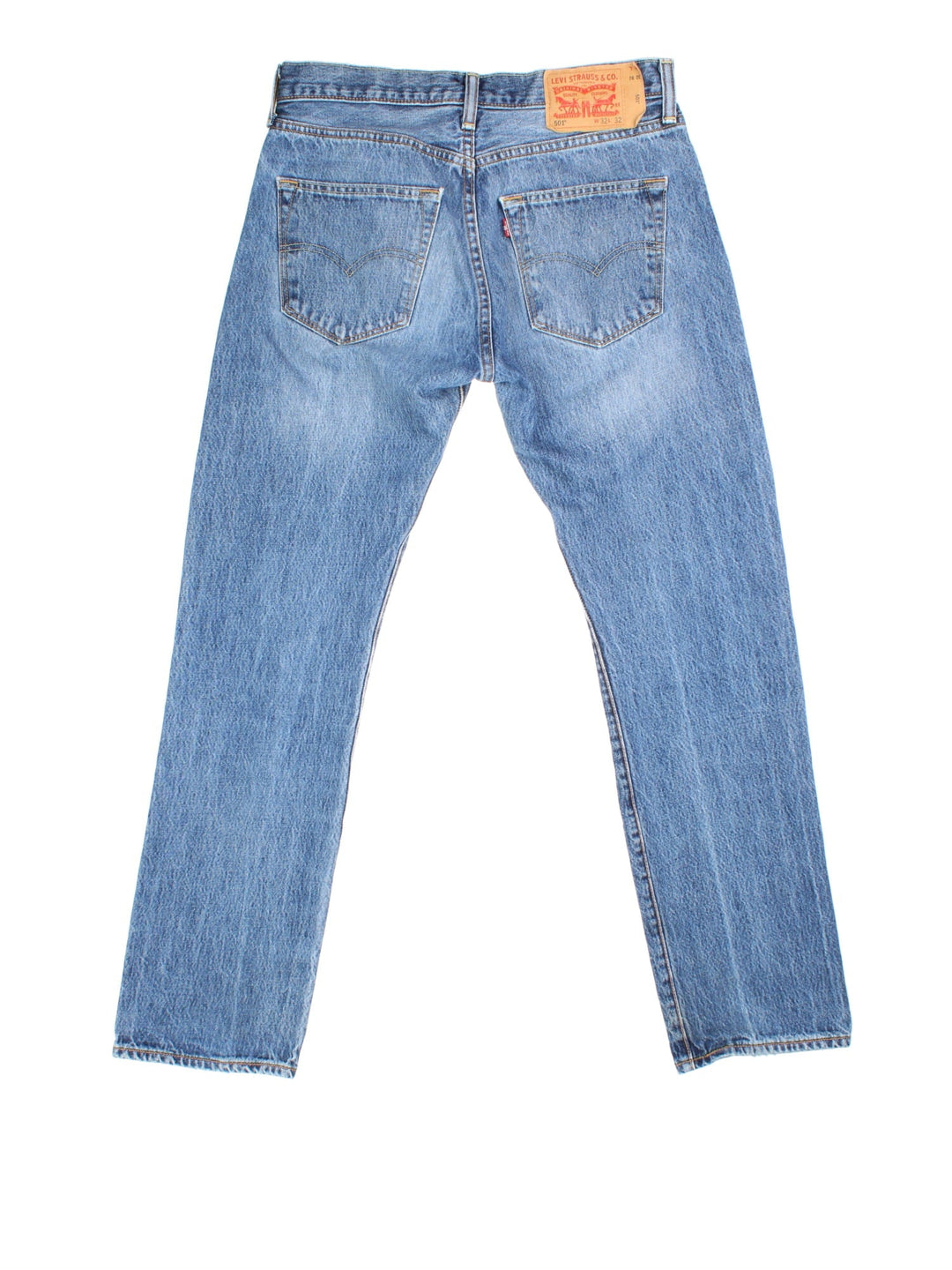 Levi Strauss 501 Jeans in blue colourway with multiple pockets and the logo tab embroidered on the back.