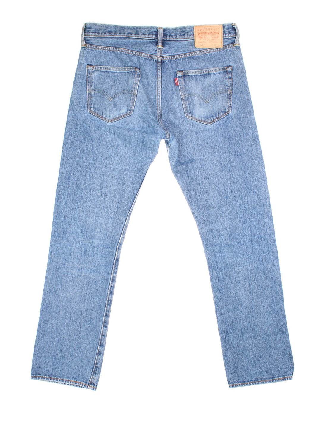 Levi Strauss 501 Jeans in blue colourway with multiple pockets and the logo tab embroidered on the back.