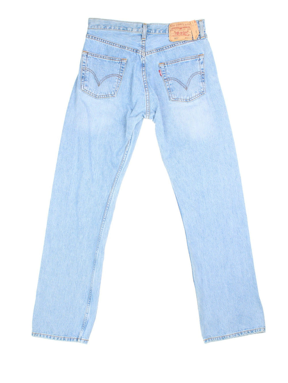 Levi Strauss 501 Jeans in blue colourway with multiple pockets and the logo tab embroidered on the back.